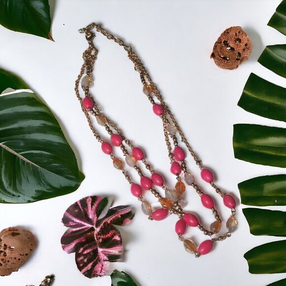 Beaded Pink Gold Women Necklace Jewelry Layered 16 to 19 Inch Neck - Picture 1 of 6